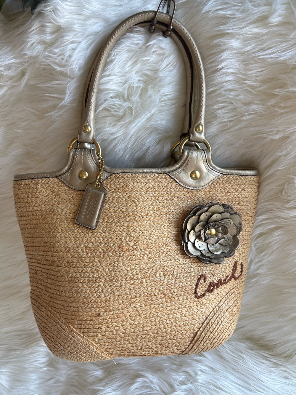 Woven Straw Tote Bag with Metallic Trim - Natural